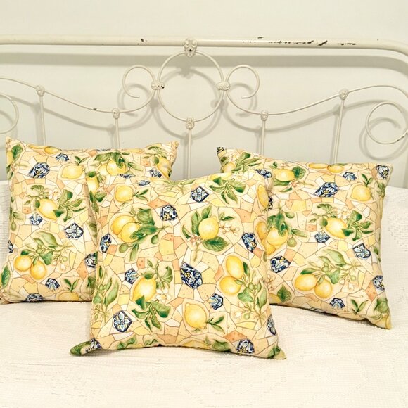 Lemon Print Tuscan Mosaic Tile Cotton Fabric Throw Pillows‎ 16" Square - Set 3 - Picture 2 of 7